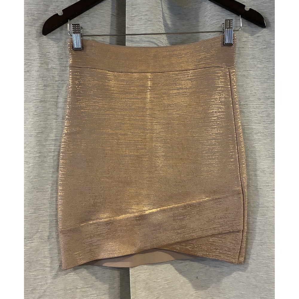 BCBGMaxAzria Josie Foil Cream Gold Metallic Bodycon Mini Skirt Party Size Small